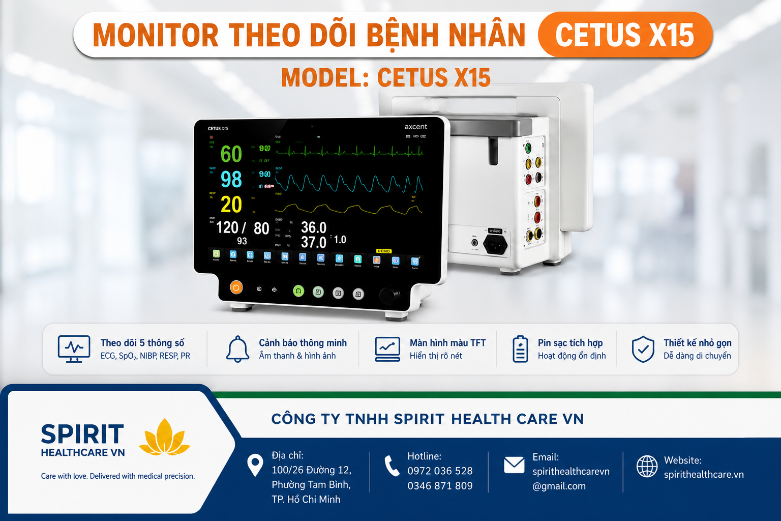 Monitor 5 thông số theo dõi bệnh nhân Cetus X15 - Axcent - Ảnh 3