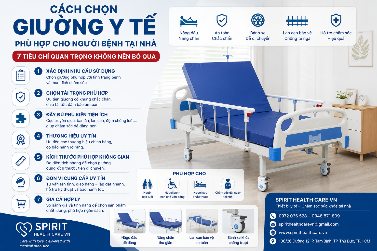 Cách chọn giường bệnh tại nhà phù hợp cho người già và người bệnh. Hướng dẫn lựa chọn giường bệnh 1 tay quay, 2 tay quay và giường y tế đa năng giúp chăm sóc an toàn, thuận tiện.