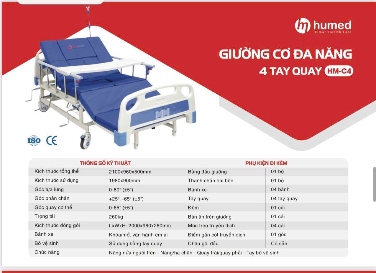 Giường bệnh nhân 4 tay quay đa năng Humed HM-C4 chính hãng, hỗ trợ nâng đầu, nâng chân, nghiêng người và bô vệ sinh, phù hợp chăm sóc người bệnh tại nhà, bệnh viện và phòng khám.