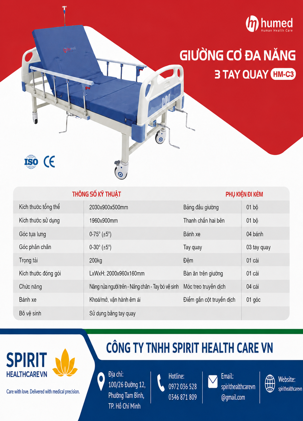 Giường bệnh nhân 3 tay quay Humed HM-C3 có bô vệ sinh