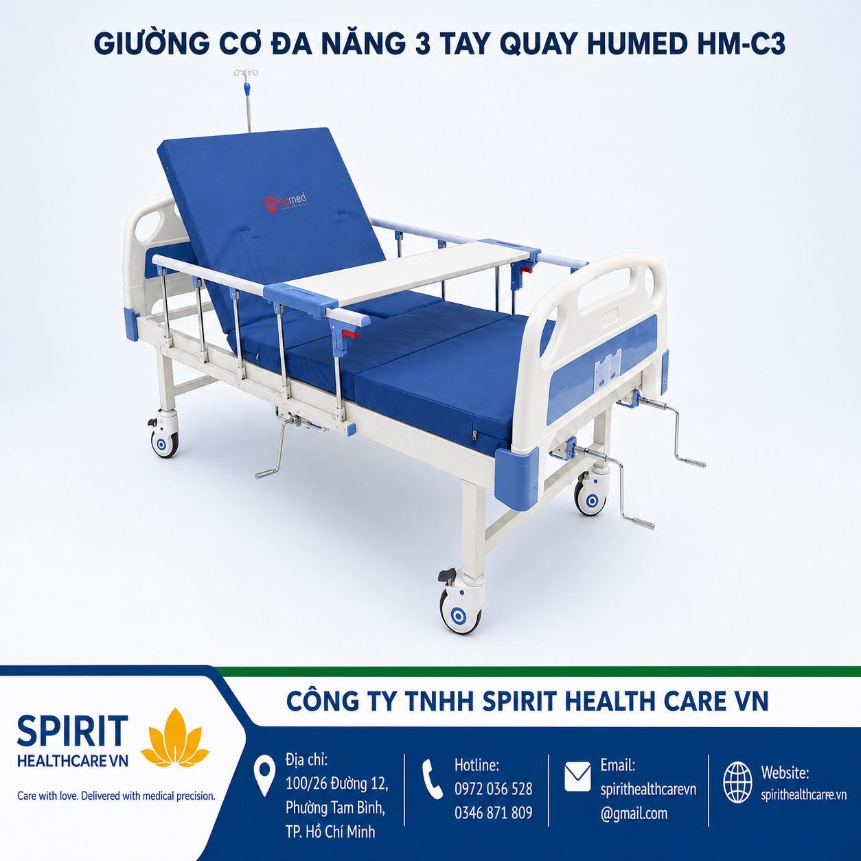 Giường bệnh nhân 3 tay quay Humed HM-C3 có bô vệ sinh
