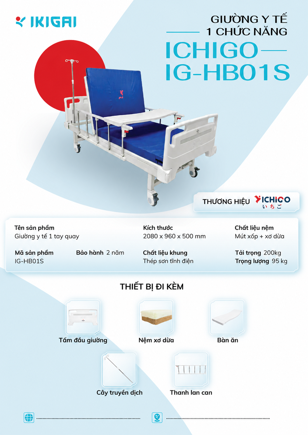 Giường Y Tế 1 Chức Năng ICHIGO IG-HB01S Chính Hãng