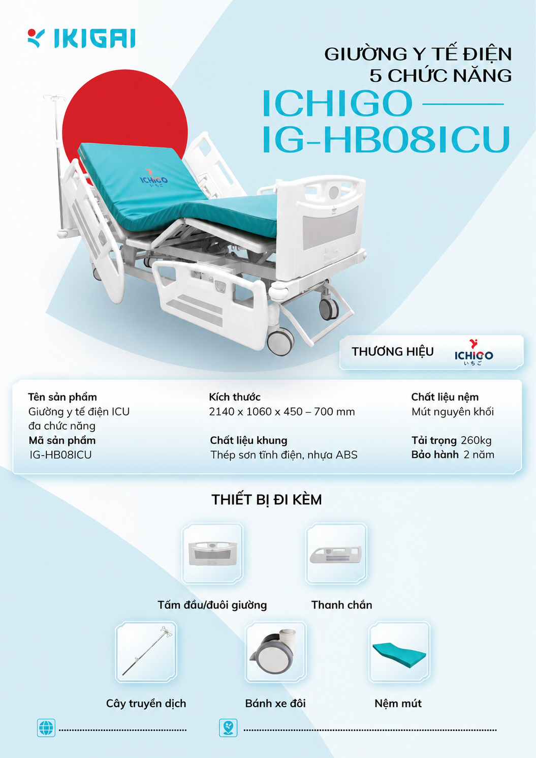 Giường Y Tế Điện ICU 5 Chức Năng Ichigo IG-HB08ICU Chính Hãng