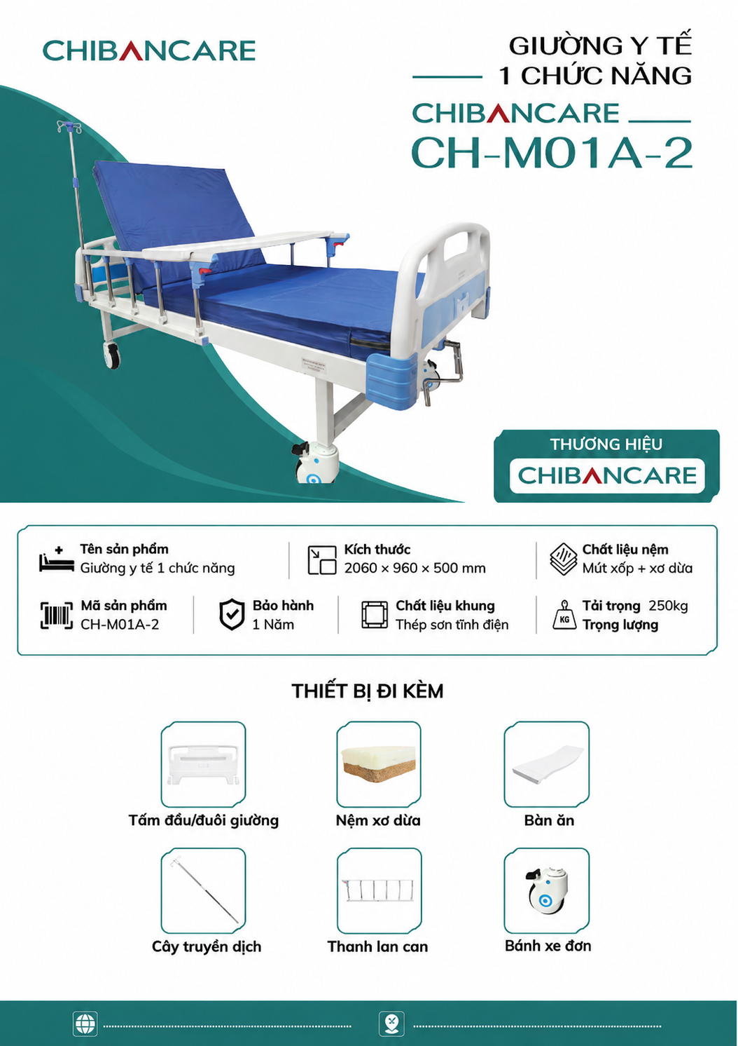 Giường Bệnh 1 Tay Quay Chibancare CH-M01A-2 Chính Hãng