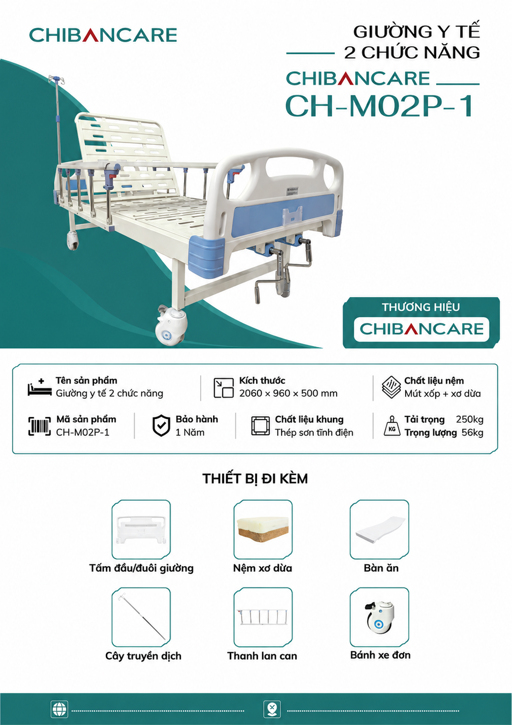 Giường Bệnh 2 Tay Quay Chibancare CH-M02P-1 Chính Hãng
