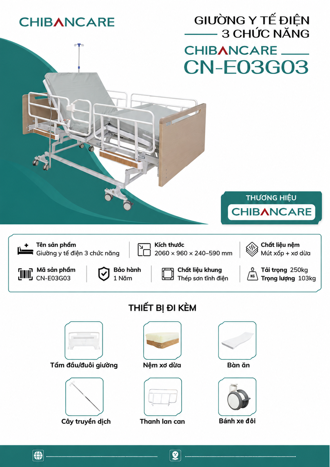 Giường Bệnh Điện 3 Chức Năng Chibancare CN-E03G03