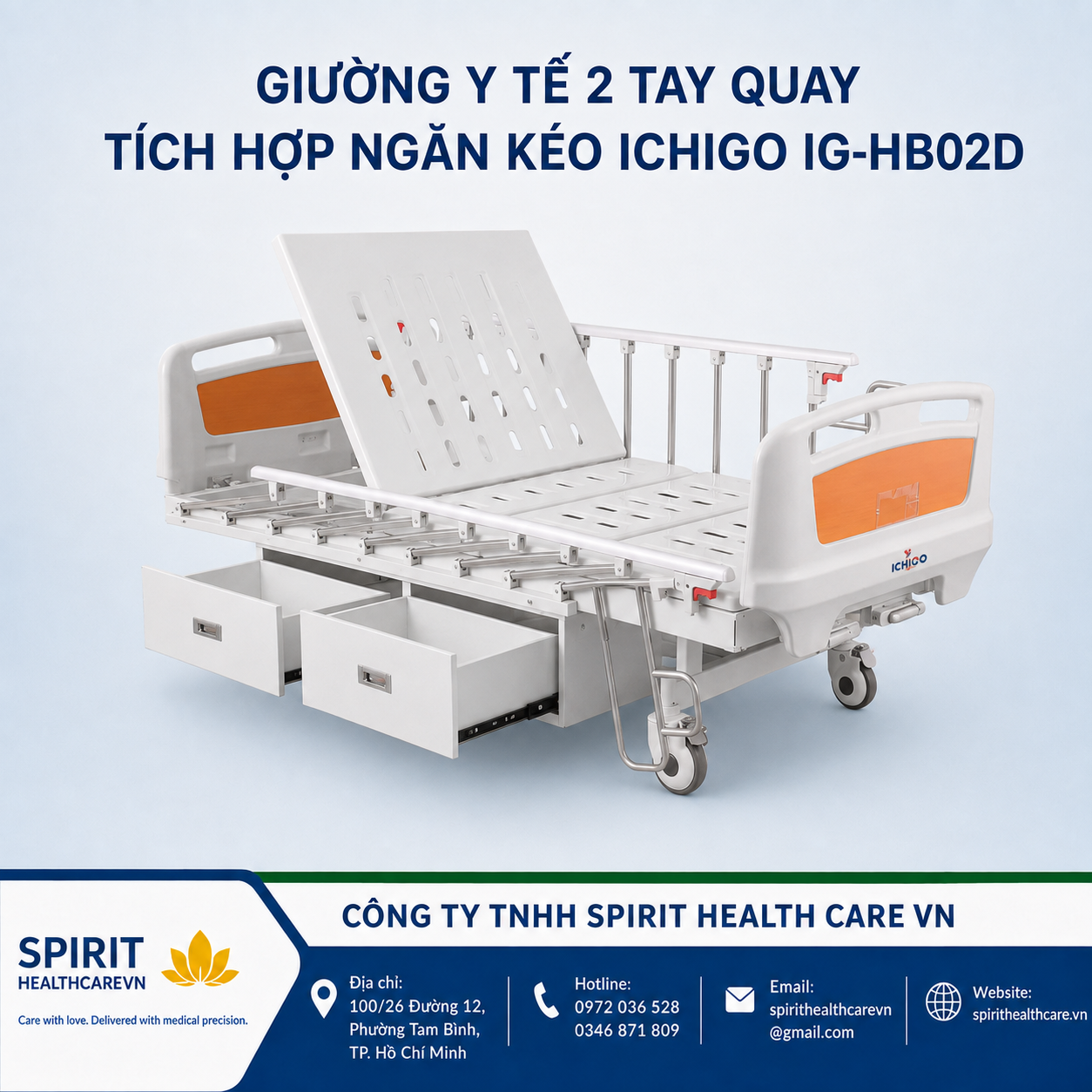 Giường Y Tế 2 Tay Quay Ichigo IG-HB02D Có 4 Ngăn Kéo