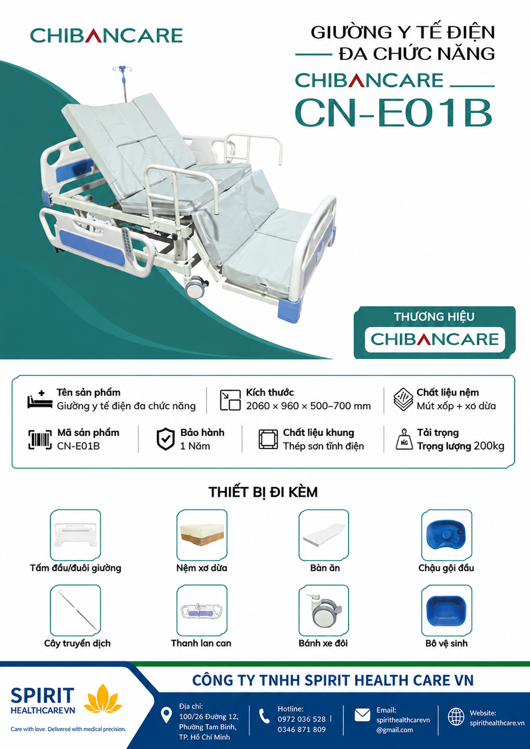 Giường y tế điện đa chức năng nâng hạ chiều cao Chibancare CN-E01B - Ảnh 3